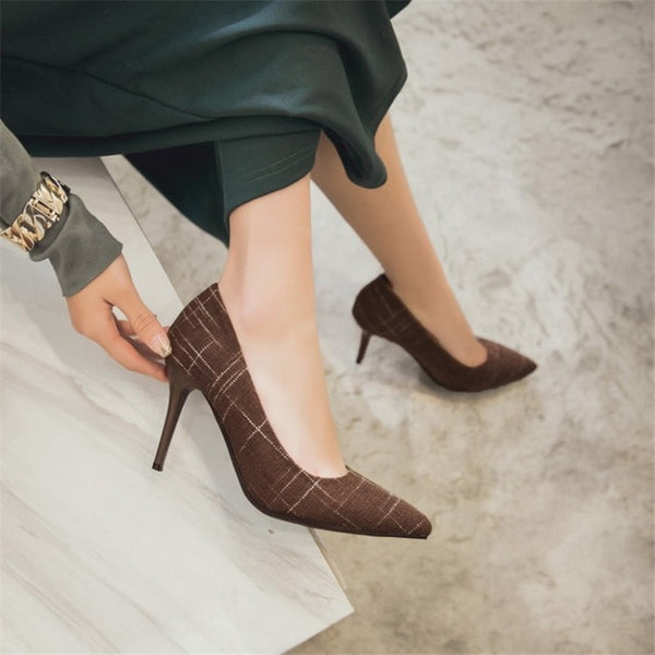 Big Size Women's Shoe 9cm MOC 2 High Heels Pumps Party Shoes For Women Canvas Wedding Shoes chaussure femme
