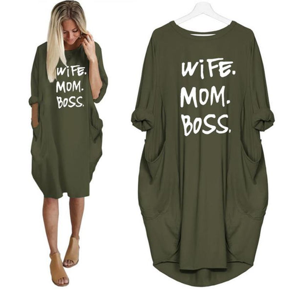 Mom Wife Boss 2019 Summer Dress Casual Women Fashion Vest Dresses Long Sleeve Sundress Slim Sexy Dress
