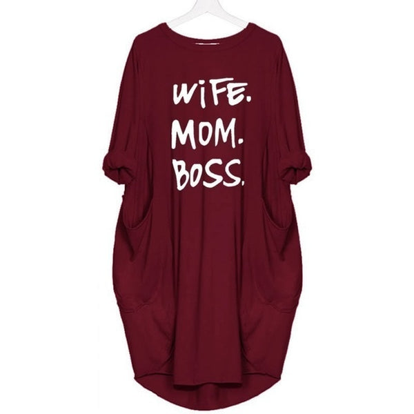 Mom Wife Boss 2019 Summer Dress Casual Women Fashion Vest Dresses Long Sleeve Sundress Slim Sexy Dress
