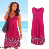 Womens Floral Sundress Knee Length Summer Loose Sleeveless Dresses Floral Print Fashion Beach Dress Summer Womens New PLUS SIZE