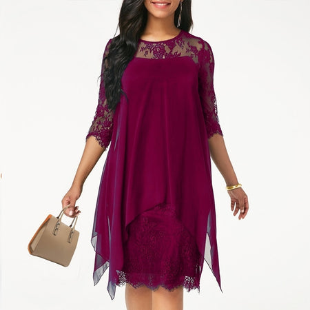 Plus Size Chiffon Dresses Women New Fashion Chiffon Overlay Three Quarter Sleeve Stitching Irregular Hem Lace Dress