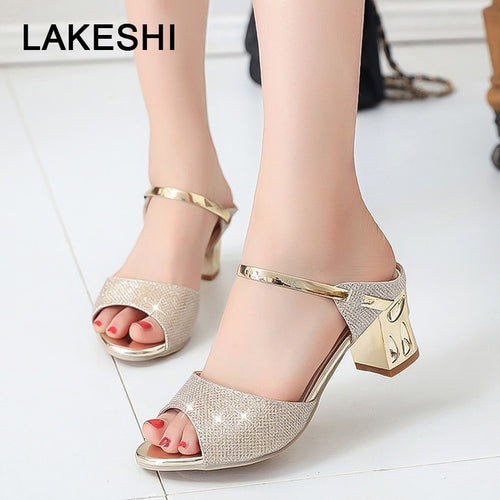 LAKESHI Metal Square Heel Women Sandals Women Heel Shoes Gold Sliver Peep Toe Party Ladies Sandals 2019 Summer Sandals Woman