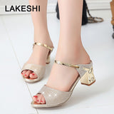 LAKESHI Metal Square Heel Women Sandals Women Heel Shoes Gold Sliver Peep Toe Party Ladies Sandals 2019 Summer Sandals Woman