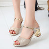 LAKESHI Metal Square Heel Women Sandals Women Heel Shoes Gold Sliver Peep Toe Party Ladies Sandals 2019 Summer Sandals Woman