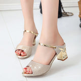 LAKESHI Metal Square Heel Women Sandals Women Heel Shoes Gold Sliver Peep Toe Party Ladies Sandals 2019 Summer Sandals Woman