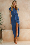 2019 New Spring Fashion Elegant Dress Plus Size Women Clothing Casual Short Sleeve O-Neck Blue Dress Loose Split Irregular Dress