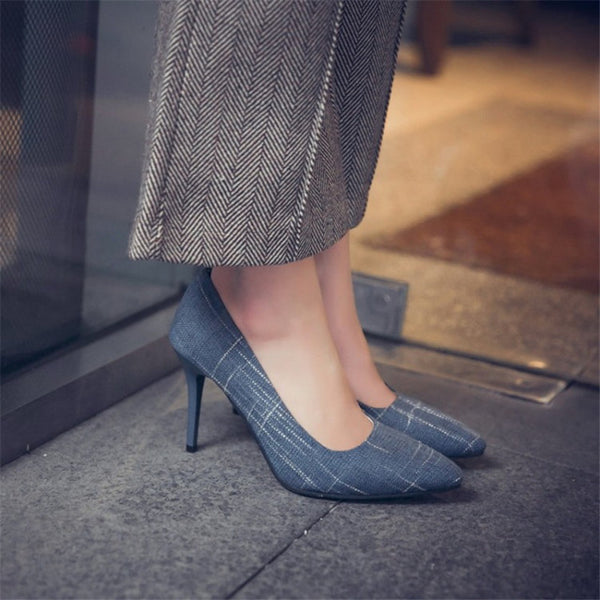 Big Size Women's Shoe 9cm MOC 2 High Heels Pumps Party Shoes For Women Canvas Wedding Shoes chaussure femme