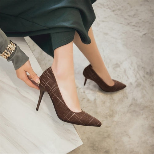 Big Size Women's Shoe 9cm MOC 2 High Heels Pumps Party Shoes For Women Canvas Wedding Shoes chaussure femme