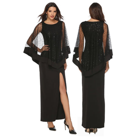 Plus Size Chiffon Dresses Women New Fashion Chiffon Overlay Three Quarter Sleeve Stitching Irregular Hem Lace Dress