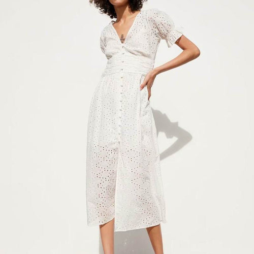 Women White Dress Cotton Hollow Out Embroidery 2019 Summer New Fashion Slim Lady's Mid-Calf Sheath Dresses Feminino Vestidos