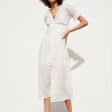 Women White Dress Cotton Hollow Out Embroidery 2019 Summer New Fashion Slim Lady's Mid-Calf Sheath Dresses Feminino Vestidos