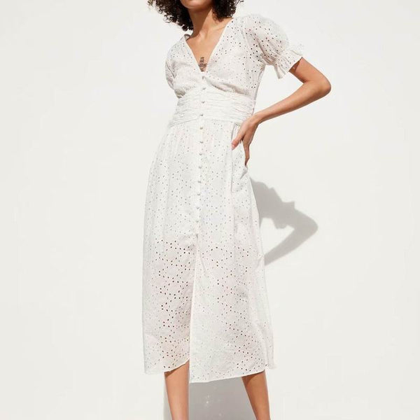 Women White Dress Cotton Hollow Out Embroidery 2019 Summer New Fashion Slim Lady's Mid-Calf Sheath Dresses Feminino Vestidos