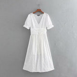 Women White Dress Cotton Hollow Out Embroidery 2019 Summer New Fashion Slim Lady's Mid-Calf Sheath Dresses Feminino Vestidos