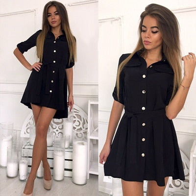 Women Casual Sashes A-Line Office Dress Ladies Half Sleeve Turn Down Collar Elegant Dress 2019 New Fashion Women Mini Dress