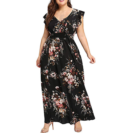 Plus Size Chiffon Dresses Women New Fashion Chiffon Overlay Three Quarter Sleeve Stitching Irregular Hem Lace Dress