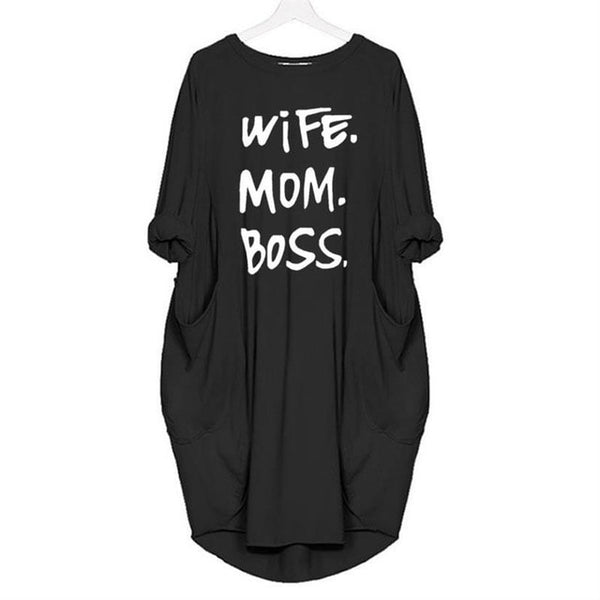 Mom Wife Boss 2019 Summer Dress Casual Women Fashion Vest Dresses Long Sleeve Sundress Slim Sexy Dress