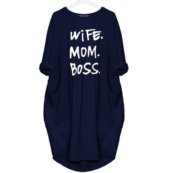 Mom Wife Boss 2019 Summer Dress Casual Women Fashion Vest Dresses Long Sleeve Sundress Slim Sexy Dress
