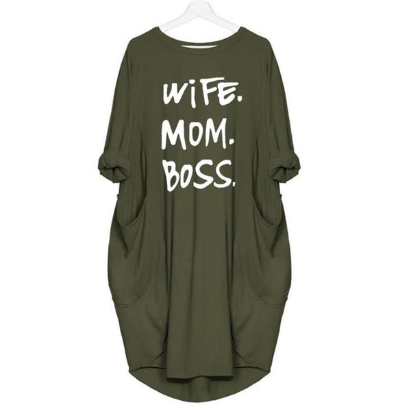 Mom Wife Boss 2019 Summer Dress Casual Women Fashion Vest Dresses Long Sleeve Sundress Slim Sexy Dress